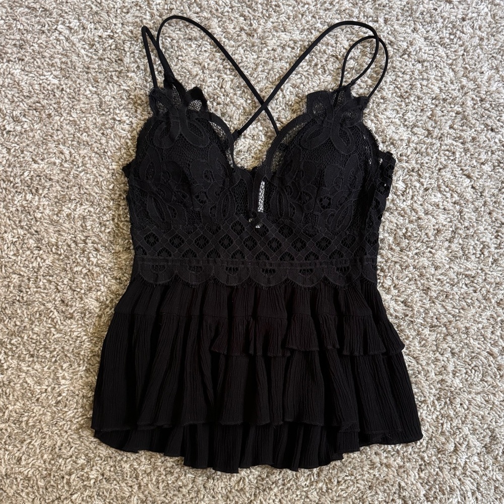 Black Lace Ruffled Tank Top